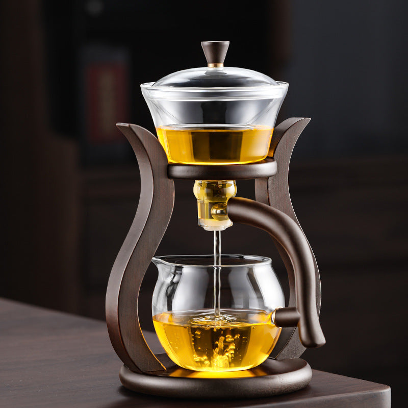 Lazy Kungfu Drip TeaPot, Heat Resistant Tea Set, Semi-Automatic Glass Teapot Suit for Magnetic Water Flow Wooden Glass Teapot Set