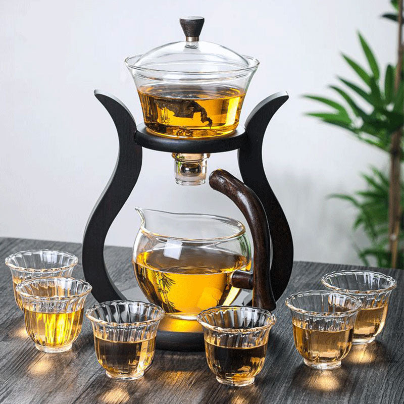 Lazy Kungfu Drip TeaPot, Heat Resistant Tea Set, Semi-Automatic Glass Teapot Suit for Magnetic Water Flow Wooden Glass Teapot Set
