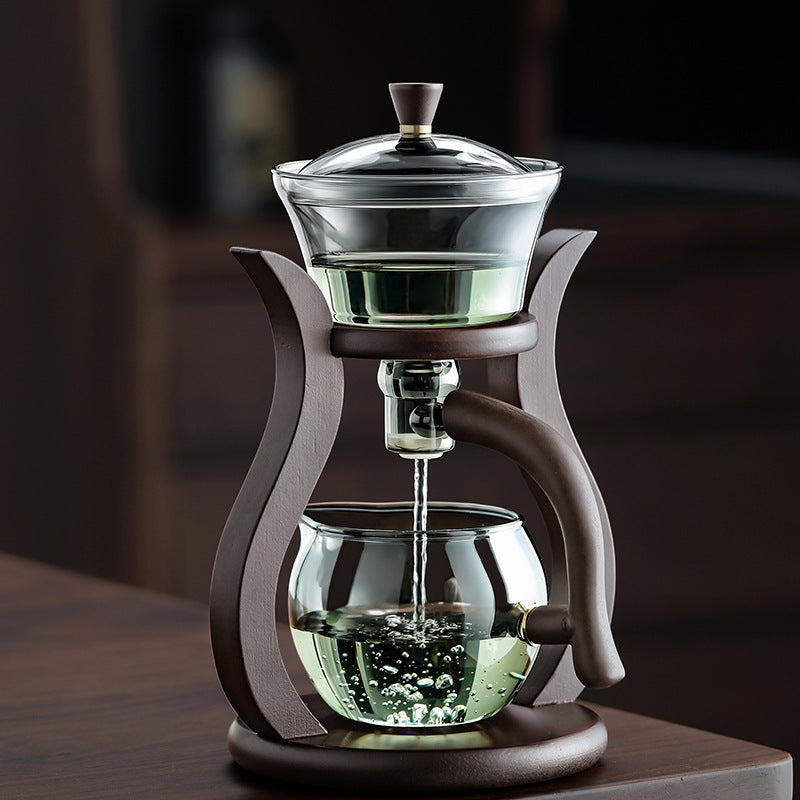 Lazy Kungfu Drip TeaPot, Heat Resistant Tea Set, Semi-Automatic Glass Teapot Suit for Magnetic Water Flow Wooden Glass Teapot Set